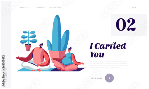 Happy Couple Sitting in Lotus Pose in Gym. Man and Pregnant Woman Parenting Classes, Awaiting Baby Sports Exercise, Pregnancy Website Landing Page, Web Page. Cartoon Flat Vector Illustration, Banner