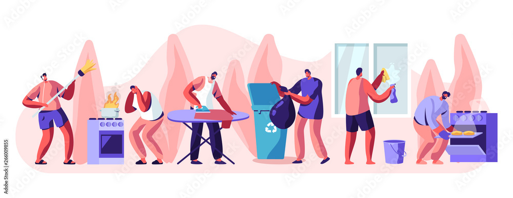 Man at Household Activities Set. Sweeping Floor, Cleaning Home Window, Cooking Bakes, Ironing, Throw Garbage Cooking. Housekeeping Management of Duties and Chores. Cartoon Flat Vector Illustration