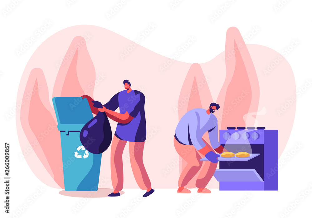 Men at Household Activities. Male Characters Cleaning Home. Cooking Bakes in Oven, Throw Garbage into Recycling Container. Housekeeping Management of Duties and Chores Cartoon Flat Vector Illustration Men at Household Activities. Male Characters Cleaning Home. Cooking Bakes in Oven, Throw Garbage into Recycling Container. Housekeeping Management of Duties and Chores Cartoon Flat Vector Illustration