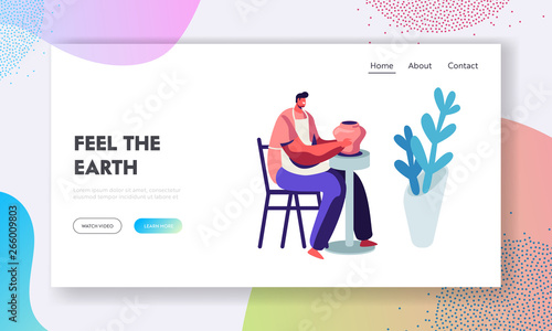 Male Character Sculpting New Earthenware with Rotating Wheel, Tools and Raw Fireclay Pottery, Workshop, Ceramics Art Concept Website Landing Page. Web Page. Cartoon Flat Vector Illustration, Banner