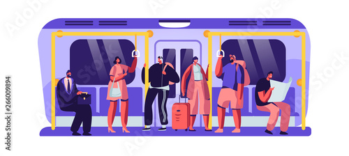 Passengers in Underground Using Urban Public Transport Metro. Tourists and Native Citizens Characters Inside Underpass Transportation. People Going by Subway Train at Work. Flat Vector Illustration