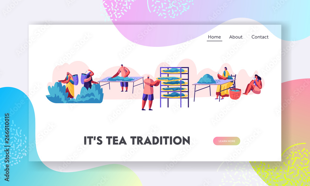 Naklejka premium Tea Pickers Website Landing Page. Male and Female Characters in Traditional Indian Clothes Collecting Fresh Tea Leaves on Plantation. Cultivation Web Page. Cartoon Flat Vector Illustration, Banner