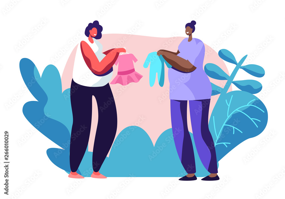 Young Pregnant Women Demonstrate and Brag with Baby Clothing Purchases to Each Other. Happy Female Characters Expecting Child. Desired Healthy Pregnancy, Maternity. Cartoon Flat Vector Illustration