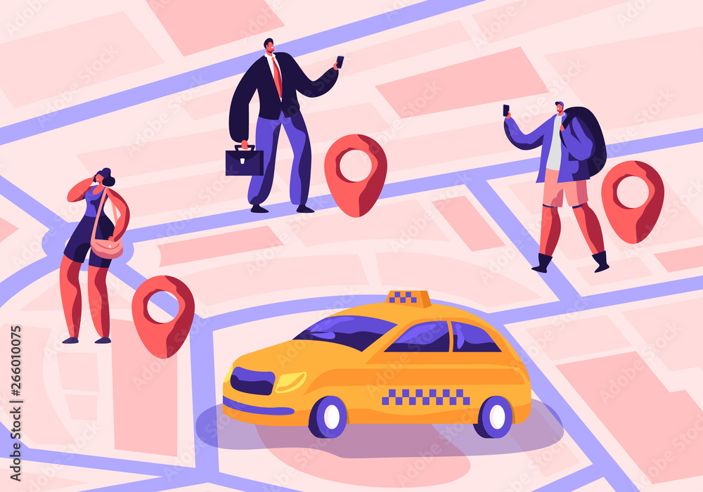 Taxi Service. Driver in Yellow Cab Waiting and Deliver Passengers with Baggage to Destination. People Ordering Taxi Car Using Application and Catching on Street. Cartoon Flat Vector Illustration Taxi Service. Driver in Yellow Cab Waiting and Deliver Passengers with Baggage to Destination. People Ordering Taxi Car Using Application and Catching on Street. Cartoon Flat Vector Illustration