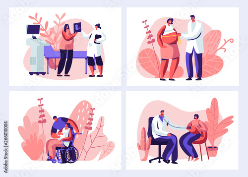 Pregnant Woman at Doctor Appointment in Clinic Set. Male Doctor Character Doing Medical Check Up. Healthy Pregnancy, Health Care, Ultrasound, Girl Invalid, Maternity. Cartoon Flat Vector Illustration