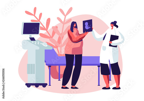 Pregnant Woman in Ultrasound Cabinet Watching Baby Picture. Female Character Doctor Show Fetus Image to Future Mother. Fertility, Childbirth, Family Relations. Cartoon Flat Vector Illustration