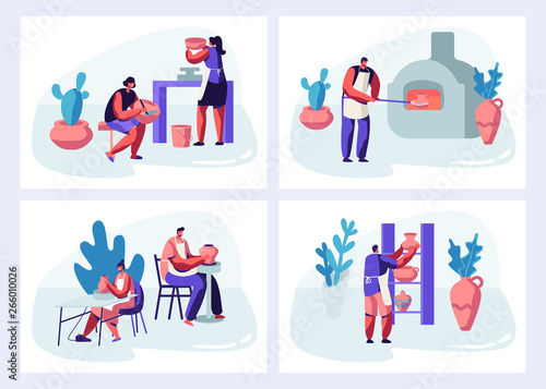 Characters Making and Decorating Pots Set, Earthenware, Crockery and Other Ceramics at Pottery Workshop. Group of People Enjoying Their Hobby. Painting, Baking in Oven Cartoon Flat Vector Illustration