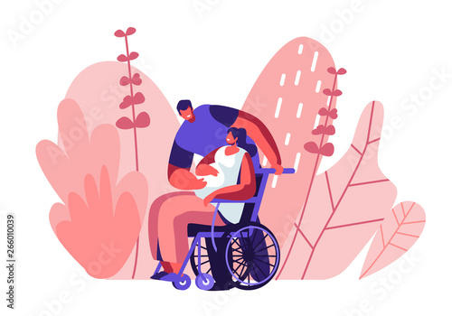 Male Character Touching Belly of Disabled Pregnant Woman Sitting on Wheelchair