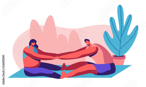 Happy Couple Doing Stretching Exercises in Gym. Man and Pregnant Woman Visit Parenting Classes, Young People Awaiting Baby, Sports Exercise, Healthy Desired Pregnancy. Cartoon Flat Vector Illustration