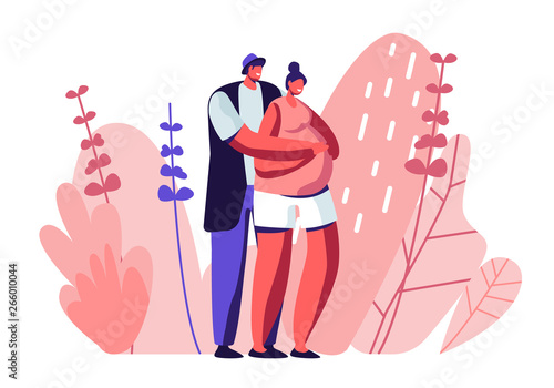 Happy Couple of Husband and Wife Prepare Become Parents. Man Embracing Pregnant Woman with Big Belly. Young Family Waiting Baby, Maternity, Fatherhood, Parenting Cartoon Flat Vector Illustration