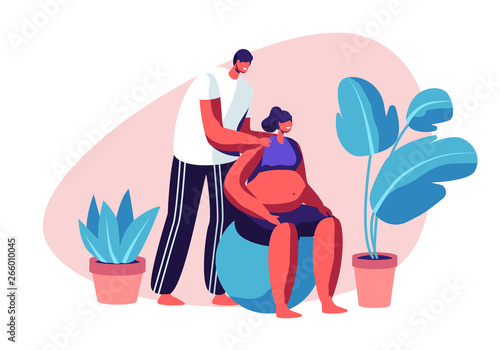 Man and Pregnant Woman Sports Exercise on Fit ball