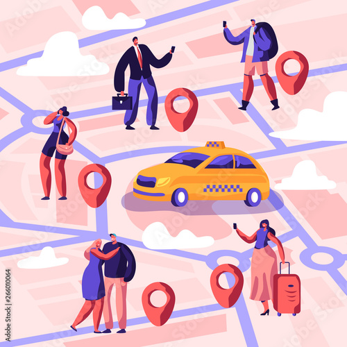 Taxi Service. Driver in Yellow Cab Waiting and Deliver Passengers with Baggage to Destination. People Ordering Taxi Car Using Application and Catching on Street. Cartoon Flat Vector Illustration