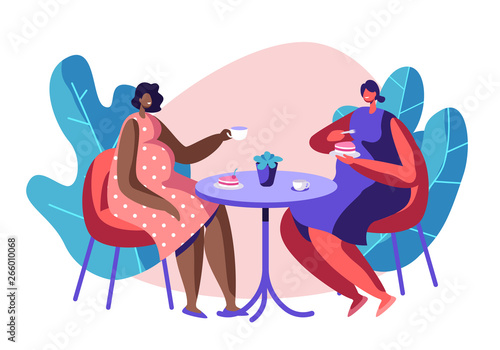 Happy Pregnant Women Spend Time Together Visiting Cafe for Cup of Tea and Chatting, Meeting Friends. Healthy Pregnancy Lifestyle. Child Bear. Girls Waiting Babies. Cartoon Flat Vector Illustration