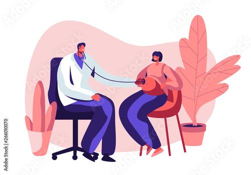 Pregnant Woman at Doctor Appointment in Clinic. Male Doctor Character Listening Baby Heart Beating Put Stethoscope on Female Belly. Pregnancy Check Up, Maternity. Cartoon Flat Vector Illustration