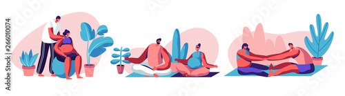 Happy Couples Waiting Baby and Exercising in Gym. Pregnant Female Characters with their Husbands Doing Fitness Sports Activity Together. Fitball, Yoga, Relaxing Poses. Cartoon Flat Vector Illustration
