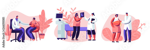 Pregnant Female Characters at Doctor Appointment. Medical Check Up, Ultrasound, Measuring Belly, Listening Baby Heart. Healthy Pregnancy, Women Waiting Newborn Baby. Cartoon Flat Vector Illustration