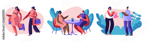 Pregnant Women Spend Time Together Going Shopping, Visiting Cafe, Buying Clothing for Baby, Meeting Friends. Female Characters Happy Healthy Pregnancy Lifestyle. Cartoon Flat Vector Illustration