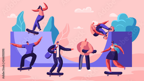 Male and Female Skateboard Characters. Stylish Skating Teenagers Making Stunts and Tricks, Jumping on High Speed on Boards. Extreme Summertime Activity, Skateboarding. Cartoon Flat Vector Illustration