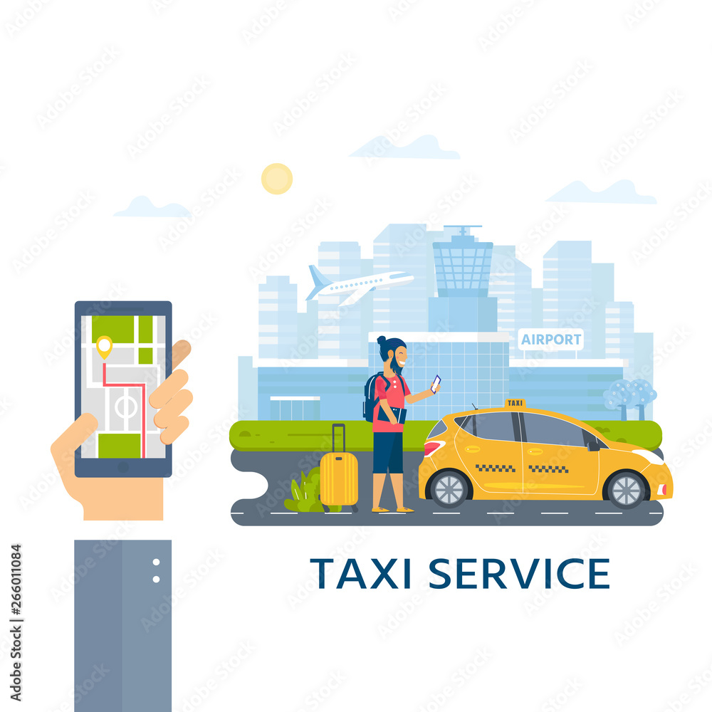 Machine yellow cab and young man with baggage searching for taxi in the city. Public taxi service concept Machine yellow cab and young man with baggage searching for taxi in the city. Public taxi service concept