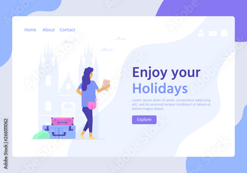 Young woman with map, bag and baggage. Travel and tourism concept for website template, online booking reservation