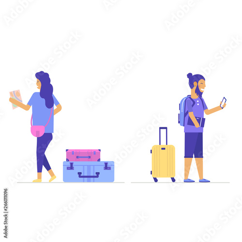 Young people with travel bag and baggage going on summer vacation, journey or trip