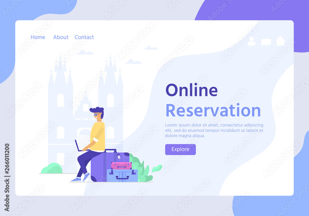 Young man with laptop and baggage. Travel and tourism concept for website template, online booking reservation