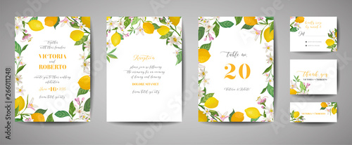 Set of Botanical wedding invitation card, vintage Save the Date, template design of lemons fruit flowers and leaves, blossom illustration. Vector trendy cover, graphic poster, brochure
