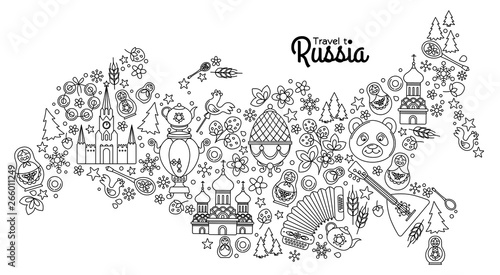 Russian Moscow colored thin line icons background Russia map pattern.