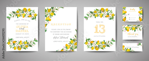 Set of Botanical wedding invitation card, vintage Save the Date, template design of lemons fruit flowers and leaves, blossom illustration. Vector trendy cover, graphic poster, brochure