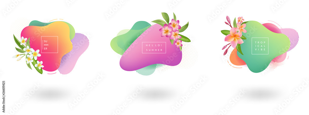 Set of summer banner template. Tropical liquid geometric shape background with flowers, tropic fluid bubble, card, brochure, promo badge for your seasonal design. Vector illustration