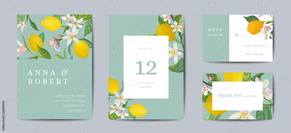 Set of Botanical wedding invitation card, vintage Save the Date, template design of lemons fruit flowers and leaves, blossom illustration. Vector trendy cover, graphic poster, brochure