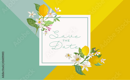 Botanical wedding invitation card, vintage Save the Date, template design of lemons fruit flowers and leaves, blossom illustration. Vector trendy cover, graphic poster, brochure