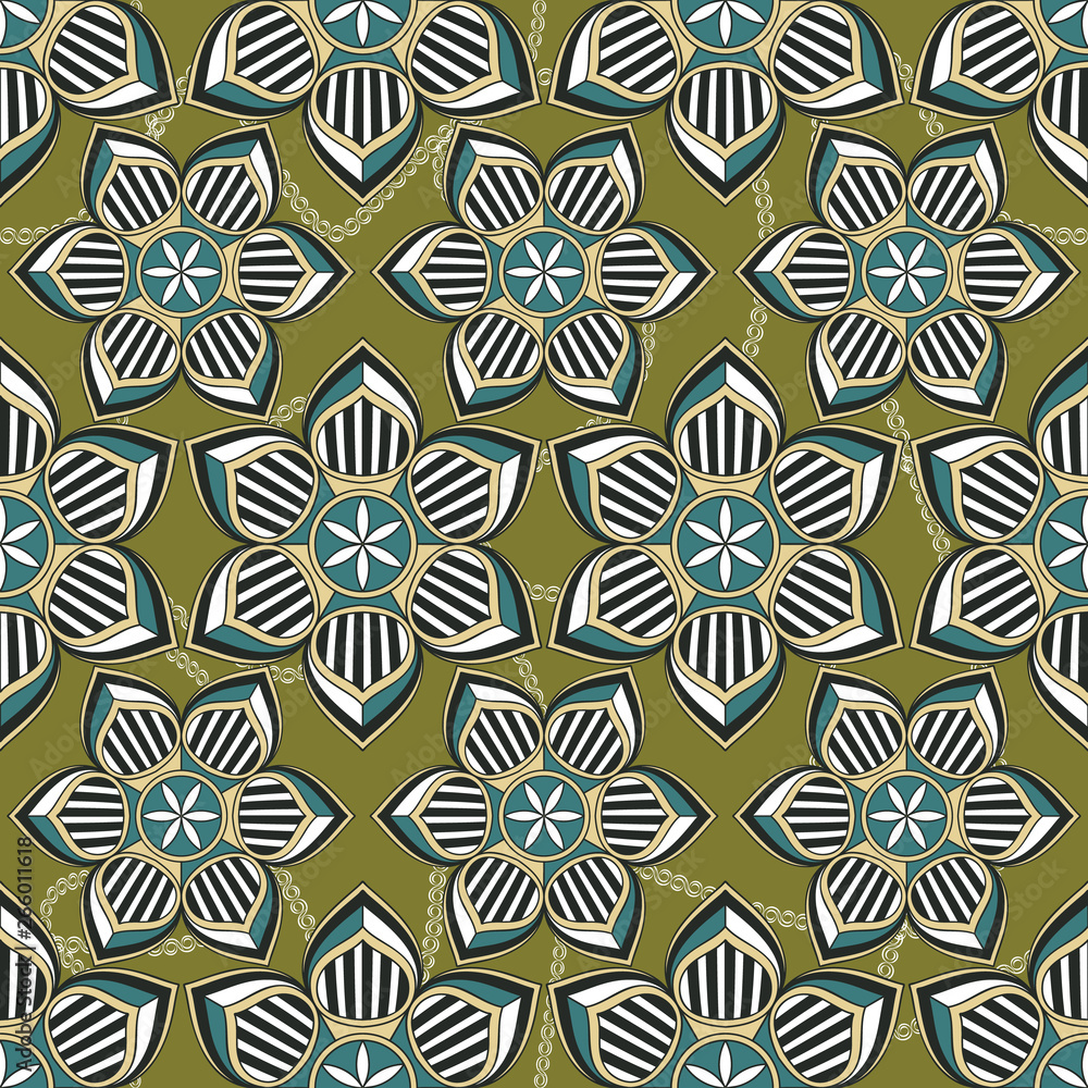 Paper cut art vector illustration with flowers and chains. Seamless repeat pattern with graphic green, black, olive and white ornaments. Paper cut art vector illustration with flowers and chains. Seamless repeat pattern with graphic green, black, olive and white ornaments.