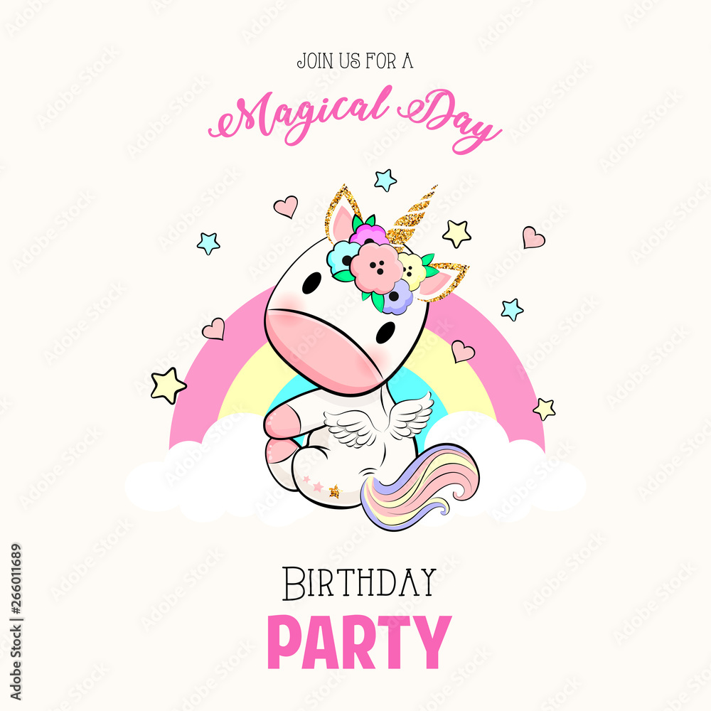 Birthday party invitation with baby unicorn Birthday party invitation with baby unicorn