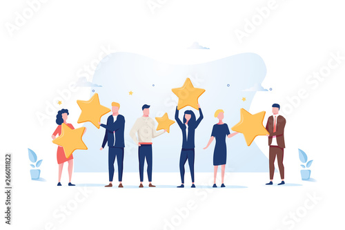 Customer review rating. Different People give review rating and feedback. Flat vector illustration.