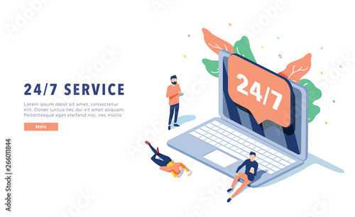 24\7 service concept or call center in isometric vector illustration. 24-7 round the clock or nonstop customer support.