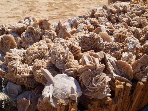 Valokuva Desert roses, crystals made of the sand of Sahara and salt, horizontal photo
