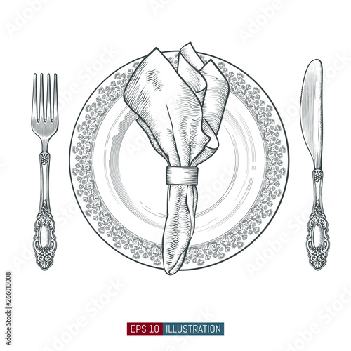 Hand drawn plate, fork, knifes and napkin. Engraved style vector illustration. Elements for your design works.