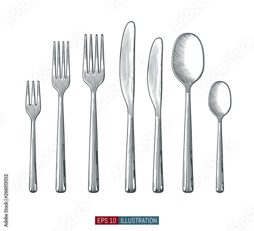 Hand drawn spoons,  forks and knife. Engraved style vector illustration. Elements for your design works.