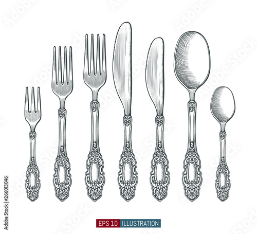 Hand drawn spoons,  forks and knife. Engraved style vector illustration. Elements for your design works.