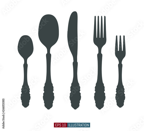 Spoons, forks and knifes flat silhouettes. Vector illustration. Elements for your design works.