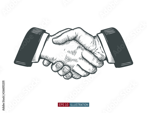 Hand drawn handshake. Template for your design works. Engraving style vector illustration.