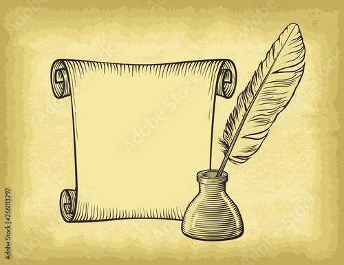 Hand drawn inkstand, feather and paper on old craft paper texture background. Template for your design works. Engraved style vector illustration.