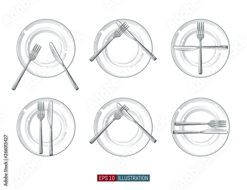 Hand drawn plates, forks and knifes. Cutlery signs etiquette. Engraved style vector illustration. Elements for your design works.