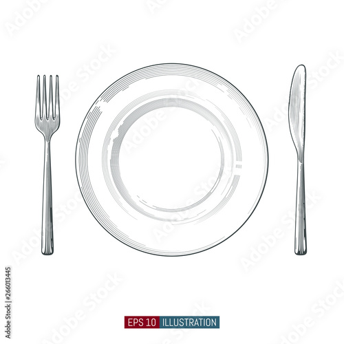 Hand drawn plate, fork and knife. Engraved style vector illustration. Elements for your design works.