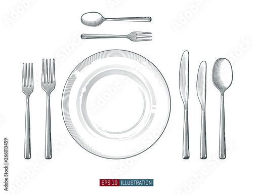 Hand drawn plate, spoon, forks and knifes. Engraved style vector illustration. Elements for your design works.