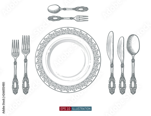 Hand drawn plate, spoon, forks and knifes. Engraved style vector illustration. Elements for your design works.