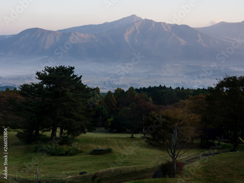 Sunrise view of the 5 peaks of Aso from the southern rim of Aso volcanic caldera - Aso-Kuju National Park, Kumamoto Prefecture, Japan photo