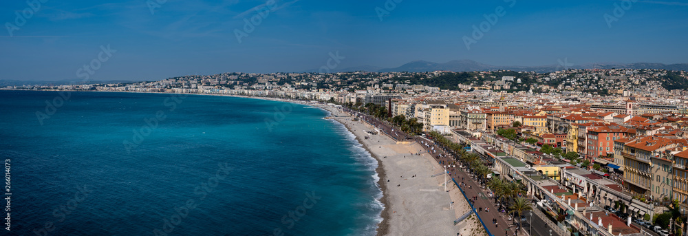 Panoramic view of Nice coastline and beach.  France