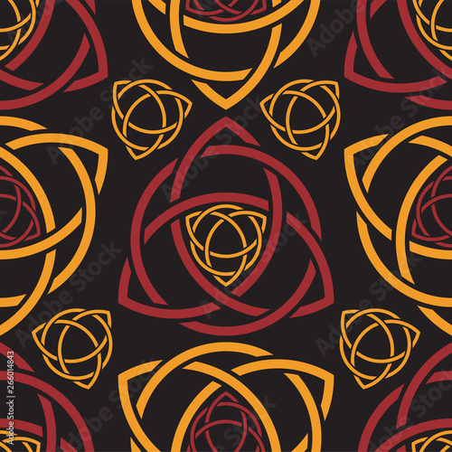 Triquetra trefoil seamless pattern red and orange tone on black